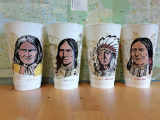 Vintage Set Of 4 Native American Chiefs - 7 - 11 Cups 70s 80s Old West History