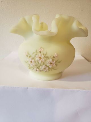 Vintage Fenton Custard Uranium Glass Ruffled Rose Bowl Vase Hand Painted,  Signed