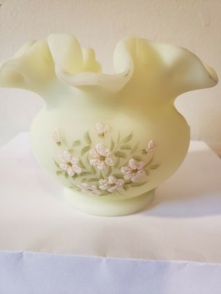 Vintage FENTON Custard Uranium Glass Ruffled Rose Bowl Vase Hand Painted,  Signed 3