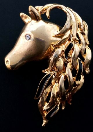 Vintage - Gold Tone Horse Head Brooch With Rhinestone Eye