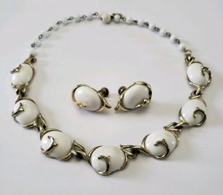 Vintage Signed Coro White Lucite Thermoset Necklace And Earrings Set