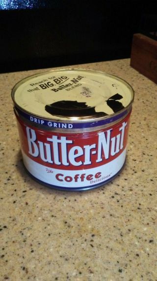 Vintage 1950s Butter - Nut Coffee 1 Lb Tin Key Wind Advertising Coffee Can W/ Lid