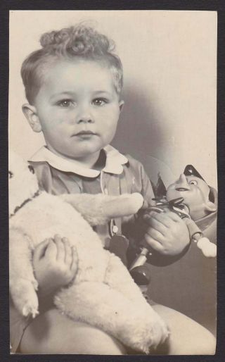 Pinocchio Doll Stuffed Bear Toy Curly Top Baby Old/vintage Photo Snapshot - J270