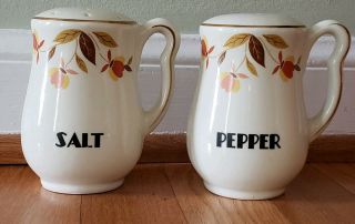 Vintage Hall Autumn Leaf Salt & Pepper Shakers Handled Jewel Tea Gold Trim