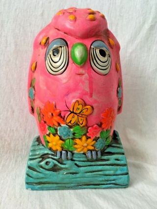 Vintage Holiday Fair Hippie Psychedelic Pink Owl Bank 1967 6 1/2 " H X 4 " W X 3 " D