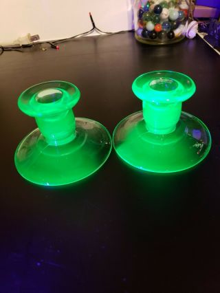Vintage Depression Vaseline Uranium Green Glass Tapered Candlestick Holders