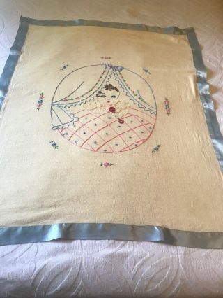 Vintage Hand Embroidered Baby Blanket Coverlet 37.  5”x46.  5”