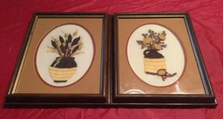 Set Of 2 Vintage Finished Framed Crewel Embroidery Needlepoint Of Flowers