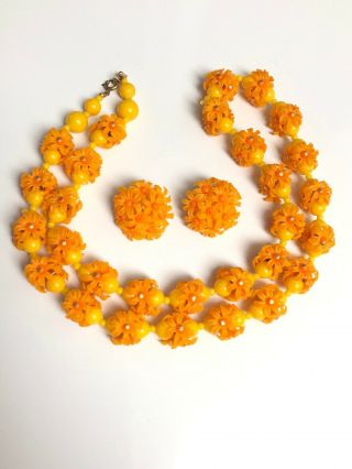 Vintage Necklace Earrings Set Flowers Plastic Hong Kong Orange Yellow Beads