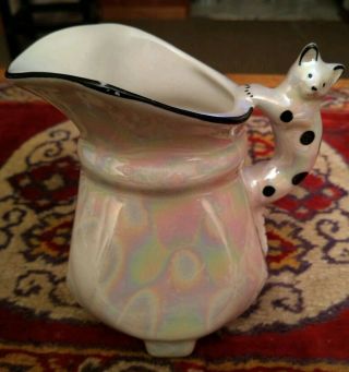 Vintage Czech Cat Handle Creamer Pitcher Spotted Cat Getting The Cream Adorable