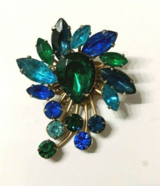 Vintage Gold Tone Blue Green Rhinestone Pin Pin Brooch