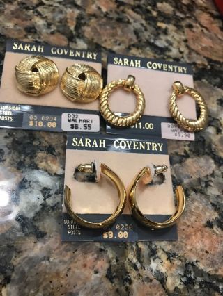 3 Pairs Of W/tags Vintage Signed Sarah Coventry Goldtone Pierced Earrings