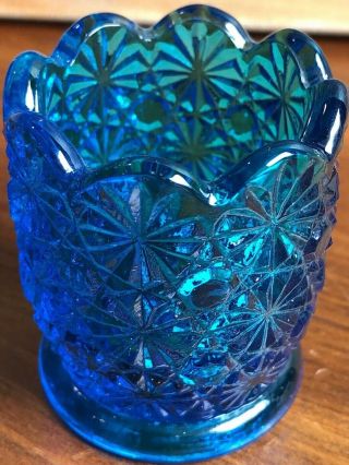 Vintage L E Smith Daisy And Button Blue Pressed Glass Toothpick Holder