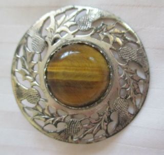 Vintage Tigers Eye & 925 Sterling Silver Round Cut - Out Brooch/pin