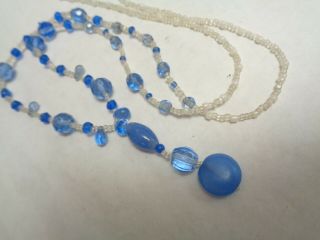 Vintage Long Clear & Blue Glass Beaded Lavalier Pendant Necklace Continues Style