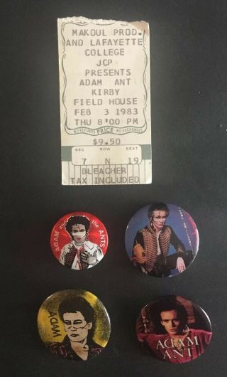 Adam Ant 1983 Concert Ticket Stub Lafayette Easton Pa,  4 Vintage Pins