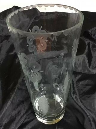 Vintage 13” Elegant Period C1940s Etched Floral Flower Vase Hand Blow Crystal