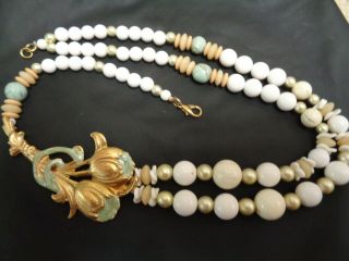 Vintage Multi Strand Front Enamel Tulip Flower White Faux Pearl Beaded Necklace