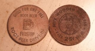 Vintage (2) Wooden Nickels - Westway Center & Frostop Root Beer