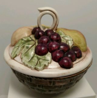 Vintage Ceramic Basketweave Sculptured Fruit And Daisy Bowl W/ring Handle On Lid