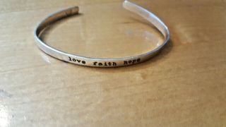 Vtg Sterling Silver Cuff Bracelet Love Faith Hope Band Text Signed Far Fetched
