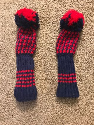 2 Pc Blue Red Vintage Knit Hybrid Rescue Golf Club Headcover.