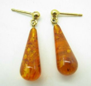 Vintage Gold Tone Dangle Earrings Tear Drop Faux Amber Glass Stone Drop Orange