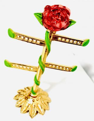 Vintage Cast Metal Earring Stand Filigree Red Rose Flower Jewelry Holder Tree