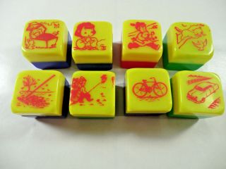 8 Vintage Baby Toys Plastic Rattle Cube Blocks Teach Colors Nursery Rhymes Words