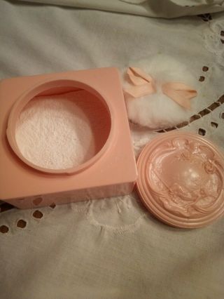 White Shoulders Body Bath Powder Vintage Pink Cameo Box 1/2 Full With Puff