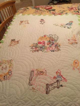 Vintage Hand Quilted And Embroidered Baby Quilt,  Nursery Rhymes