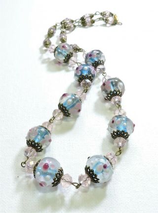Vintage Blue With Pink Flowers Lampwork Art Glass Bead Necklace Jl19186