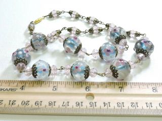 Vintage Blue with Pink Flowers Lampwork Art Glass Bead Necklace JL19186 2