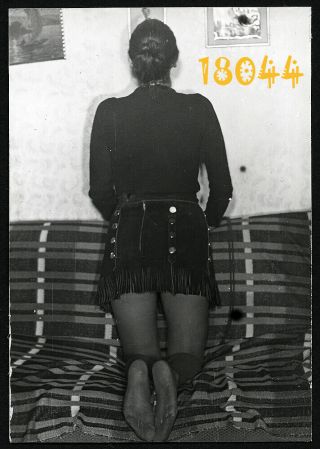 Sexy Girl In Leather Mini Skirt,  Black Nylon Stockings,  Vintage Photograph 1970s