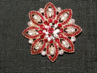 Vintage Jewelry Signed Monet Ruby Red Flower Brooch Pin Rhinestone