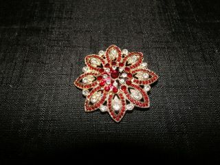Vintage Jewelry Signed MONET Ruby Red Flower BROOCH PIN Rhinestone 2