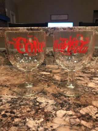 Set Of 2 Coca Cola Glasses,  Vintage Logo Heavy Stem Wine Goblet