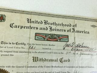 Vintage 1919 UNITED BROTHERHOOD OF CARPENTERS and JOINERS of AMERICA Union Doc 3