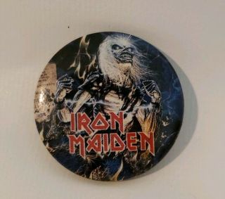 Vintage Iron Maiden 1985 Pin Back Button 1.  25 " Made In Usa