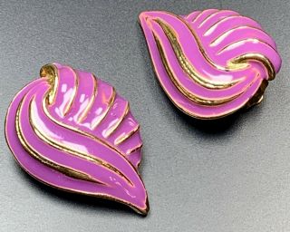 Vintage Clip On Earrings Large Heavy Gold Tone Purple Enamel