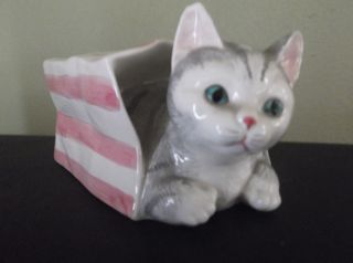 Vintage Seymour Mann Figurine Cat In A Striped Pink Paper Bag