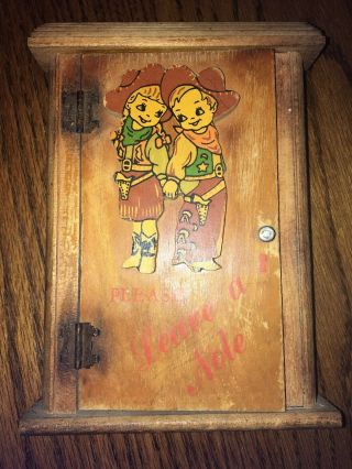 Vintage Wood Please Leave A Note Box W Door Wooden Message Cowboy & Girl