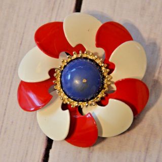 Vintage Metal Enamel Flower Cute Red White Blue Gold Floral Pin
