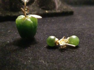 Vintage Chinese Dark Green Jade Ball Earrings & Apple Pendant.  Gold Tone