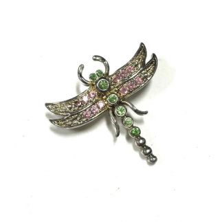 Vintage Pink & Green Crystal Rhinestone Dragonfly Figural Silver Brooch Ff292g
