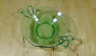 Vintage Elegant Green Depression Glass Serving Bowl W/ Handles Uranium Glass