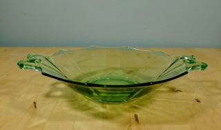 Vintage Elegant Green Depression Glass Serving Bowl w/ Handles Uranium Glass 2