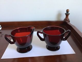 Vintage Anchor Hocking Royal Ruby Red Depression Glass Creamer & Sugar Bowl Set