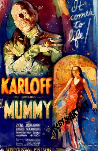 Aceo Atc Sketch Card - Miniature Vintage Movie Poster Boris Karloff The Mummy