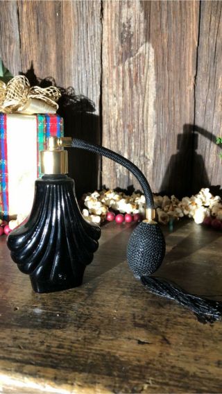 Vintage Black Glass Perfume Bottle Atomizer With Tassel Gorgeous Art Deco Shell
